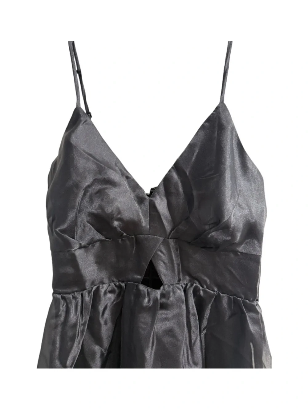 Lulu's Black Satin Maxi Dress with Front Keyhole and High Slit - Picture 3 of 7